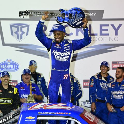 Rajah Caruth scored his second career NASCAR Craftsman Truck Series victory and first of the season Friday night at Nashville Superspeedway.