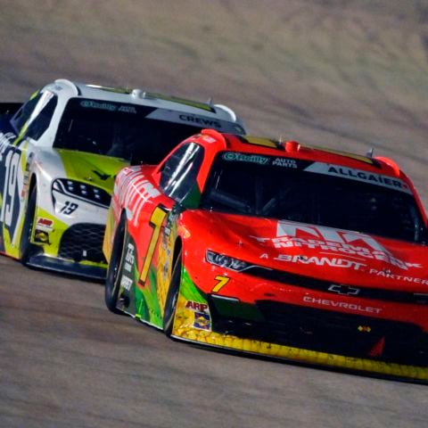 Veteran driver Justin Allgaier (7) and rookie sensation Brent Crews (19) thrilled the crowd at Nashville Superspeedway by swapping the lead several times late in the race until Allgaier finally pulled away and won.