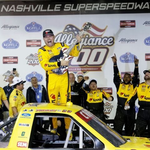 Layne Riggs raced to victory Friday night in the Allegiance 200 NASCAR CRAFTSMAN Truck Series race at Nashville Superspeedway.
