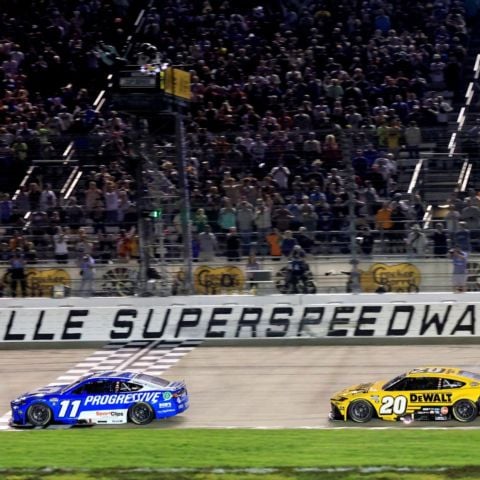 Denny Hamlin (11) held off Joe Gibbs Racing teammate Christopher Bell (20) in a thrilling finish to win Sunday's Cracker Barrel 400 at Nashville Superspeedway. It was Hamlin's first career-win at the Nashville track and 62nd career NASCAR Cup Series victory.
